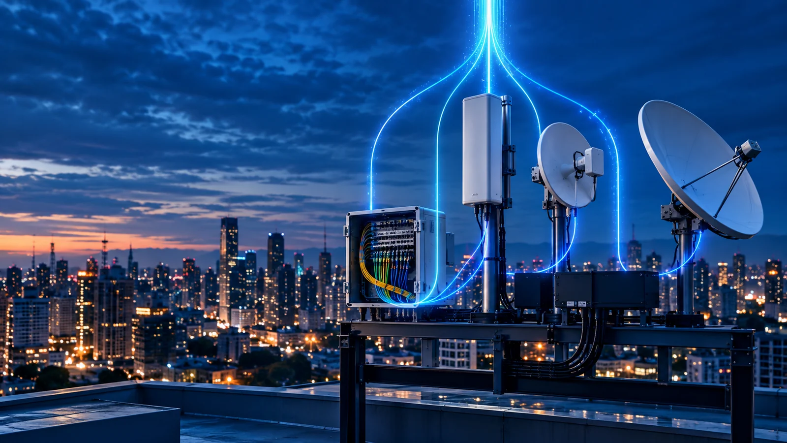 Rooftop com fibra, antena 5G, rádio e satélite agregados em uma conectividade única
